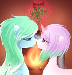 Size: 1280x1341 | Tagged: safe, artist:fluffymaiden, oc, oc only, oc:amaranthine sky, oc:reverie, female, fireplace, heart, heart eyes, lesbian, mistletoe, nuzzling, wingding eyes