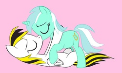 Size: 1023x614 | Tagged: safe, lyra heartstrings, oc, oc:silver ice, pegasus, pony, unicorn, g4, base used, canon x oc, duo, eyes closed, female, kiss on the lips, kissing, lesbian, mare, pegasus oc, pink background, shipping, simple background