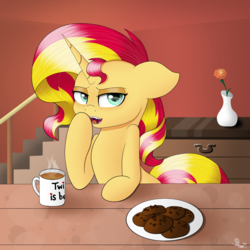 Size: 1500x1500 | Tagged: safe, artist:spirit-dude, sunset shimmer, pony, unicorn, g4, coffee, coffee mug, cookie, female, floppy ears, flower vase, food, morning ponies, open mouth, plate, signature, solo, stairs, table, yawn