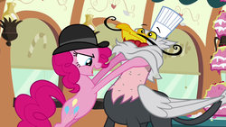 Size: 1280x720 | Tagged: safe, screencap, gustave le grande, pinkie pie, earth pony, griffon, pony, g4, mmmystery on the friendship express, bowler hat, cartoon physics, duo, hat, pinkie being pinkie
