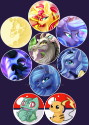 Size: 600x840 | Tagged: dead source, safe, artist:arcadianphoenix, discord, nightmare moon, princess luna, sunset shimmer, bulbasaur, pony, raichu, g4, cute, pokémon, s1 luna, watermark