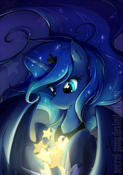 Size: 542x767 | Tagged: safe, artist:secret-pony, princess luna, g4, female, hug, smiling, solo, spread wings, stars