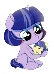 Size: 1280x1762 | Tagged: safe, artist:marukouhai, oc, oc only, oc:ceres, oc:honeydew feather, pony, baby, baby pony, blanket, blushing, brother and sister, colt, foal, holding a pony, male, offspring, parent:flash sentry, parent:twilight sparkle, parents:flashlight, tail wrap