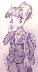 Size: 862x1644 | Tagged: safe, artist:quasariuscyborg, twilight sparkle, anthro, g4, clothes, female, handbag, monochrome, solo, suit, traditional art, twilight sparkle (alicorn)