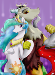 Size: 1500x2056 | Tagged: safe, artist:siranarchy95, discord, princess celestia, pony, g4, bipedal, female, male, ship:dislestia, shipping, straight