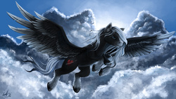 Size: 3200x1800 | Tagged: safe, artist:genbulein, oc, oc only, oc:sacred blade, pegasus, pony, backlighting, cloud, colored wings, digital art, flying, gradient wings, male, signature, sky, solo, spread wings, stallion, unshorn fetlocks, wings