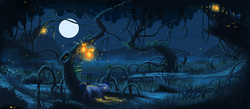 Size: 1024x447 | Tagged: safe, artist:extract-of, earth pony, firefly (insect), pony, legends of equestria, blank flank, concept art, moon, scenery, swamp
