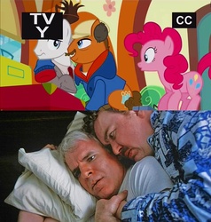 Size: 1023x1074 | Tagged: safe, edit, edited screencap, screencap, pinkie pie, real article, g4, the gift of the maud pie, background pony, bara, clothes, comparison, context is for the weak, del griffith, grin, hoof around neck, hooves around shoulder, john candy, male, neal page, necktie, neighl page, not gay, op is a slowpoke, out of context, planes trains and automobiles, steve martin, tv-y, uncomfortable