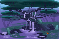 Size: 900x595 | Tagged: safe, artist:extract-of, earth pony, pony, legends of equestria, concept art, scenery, tree, water