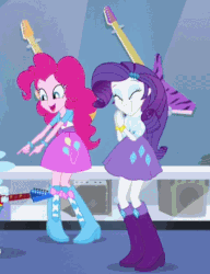 Size: 430x560 | Tagged: safe, screencap, pinkie pie, rarity, equestria girls, g4, guitar centered, my little pony equestria girls: rainbow rocks, animated, boots, clapping, cropped, female, high heel boots, stoked