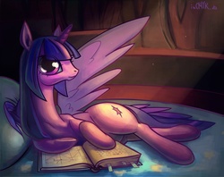 Size: 2000x1587 | Tagged: safe, artist:incmyk, twilight sparkle, alicorn, pony, g4, alternate hairstyle, bed, book, crepuscular rays, female, hime cut, mare, on side, solo, spread wings, twilight sparkle (alicorn)