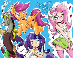 Size: 3216x2543 | Tagged: safe, artist:danmakuman, discord, fluttershy, rarity, scootaloo, human, pony, g4, blushing, breasts, busty fluttershy, clothes, equestria girls costumes, fist bump, heart, high res, hoofbump, humanized, self ponidox, sketch, sketch dump, skirt, tank top