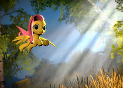 Size: 1506x1080 | Tagged: safe, artist:herpderpington11, fluttershy, g4, 3d, flying, food, gmod, looking at you, tractor, tree, wheat