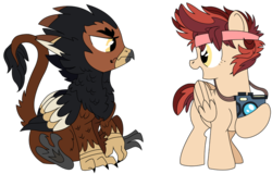 Size: 1280x821 | Tagged: safe, artist:dbkit, oc, oc only, oc:cherry bomber, oc:ghajini, griffon, pegasus, pony, adopted offspring, camera, duo, headband, offspring, parent:dumbbell, parent:gilda, parent:rainbow dash, parent:unnamed oc, parents:canon x oc, parents:dumbdash, simple background, story included, transparent background