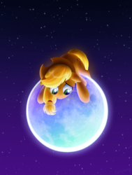 Size: 1248x1654 | Tagged: safe, artist:empalu, applejack, g4, female, floppy ears, moon, prone, solo, stars, tangible heavenly object