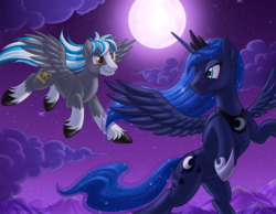 Size: 1571x1217 | Tagged: safe, artist:brianblackberry, princess luna, oc, g4, flying, full moon, moon, night, unshorn fetlocks