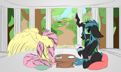 Size: 1600x955 | Tagged: safe, artist:firefanatic, fluttershy, queen chrysalis, changeling, changeling queen, pegasus, pony, g4, cup, duo, female, fluffy, food, gazebo, rough sketch, tea, teacup