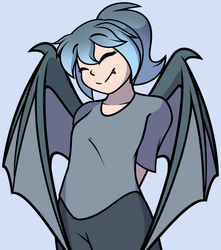 Size: 1854x2096 | Tagged: safe, artist:furrgroup, oc, oc only, oc:dreamscape, bat pony, human, cute, cute little fangs, eyes closed, fangs, female, humanized, humanized oc, simple background, smiling, solo, winged humanization