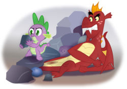 Size: 1140x806 | Tagged: safe, artist:changeling #209458, garble, spike, dragon, g4, bruised, harsher in hindsight, helping, hilarious in hindsight, stuck, teenaged dragon