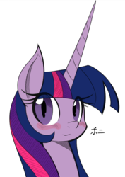Size: 614x869 | Tagged: safe, artist:3xlneet, artist:reiduran, color edit, edit, twilight sparkle, alicorn, pony, g4, blushing, bust, colored, eye clipping through hair, female, horn, japanese, long horn, looking at you, mare, portrait, simple background, solo, twilight sparkle (alicorn), white background