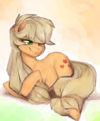 Size: 891x1079 | Tagged: safe, artist:glacierclear, applejack, earth pony, pony, g4, cute, female, freckles, jackabetes, lying down, mare, missing accessory, prone, smiling, solo
