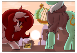 Size: 2384x1647 | Tagged: safe, artist:mrw32, lyra heartstrings, oc, oc:rubywave, pony, unicorn, fanfic:background pony, g4, bits, clothes, dig the swell hoodie, hoodie, jar, lyre, magic, musical instrument, telekinesis