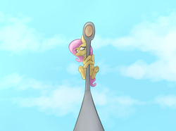 Size: 3023x2250 | Tagged: safe, artist:marsminer, fluttershy, pony, g4, female, high res, lamppost, scared, sky, solo