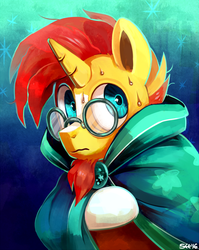 Size: 674x846 | Tagged: safe, artist:sorcerushorserus, sunburst, pony, unicorn, the crystalling, cape, clothes, frown, looking back, male, nervous, solo, stallion, sweat, wavy mouth, wide eyes