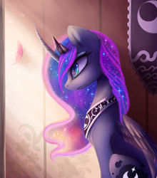 Size: 3080x3507 | Tagged: safe, artist:magnaluna, princess luna, alicorn, butterfly, pony, g4, banner, chest fluff, crepuscular rays, female, floppy ears, fluffy, frown, glare, high res, mare, modified accessory, reflection, solo, sunlight