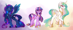 Size: 4700x1940 | Tagged: safe, artist:magnaluna, princess celestia, princess luna, twilight sparkle, alicorn, pony, g4, colored wings, colored wingtips, female, fluffy, frown, glare, horn, horn jewelry, jewelry, mare, necklace, older, princess shoes, raised hoof, raised leg, regalia, smiling, sparkles, spread wings, twilight sparkle (alicorn), unshorn fetlocks, wing jewelry