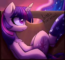 Size: 3000x2771 | Tagged: safe, artist:magnaluna, princess luna, twilight sparkle, pony, unicorn, box, chest fluff, clothes, female, fluffy, frown, looking up, mare, on back, socks, solo focus, stockings, unicorn twilight