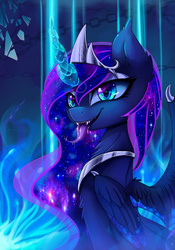 Size: 3550x5082 | Tagged: safe, artist:magnaluna, princess luna, alicorn, pony, g4, color porn, corrupted, fangs, female, forked tongue, looking at you, mare, open mouth, solo, tongue out