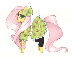 Size: 1545x1221 | Tagged: safe, artist:depressedcomedian, fluttershy, g4, clothes, dress, female, hair bow, leggings, solo, traditional art