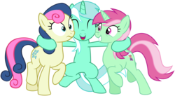 Size: 3400x1860 | Tagged: safe, artist:cheezedoodle96, bon bon, lyra heartstrings, minty bubblegum, sweetie drops, earth pony, pony, unicorn, g4, on your marks, .svg available, ^^, background pony, bipedal, eyes closed, female, hug, inkscape, mare, simple background, sisters, smiling, svg, transparent background, trio, vector, wide eyes