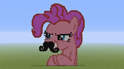 Size: 1920x1080 | Tagged: safe, pinkie pie, g4, bust, devious, facial hair, minecraft, minecraft pixel art, moustache, pixel art