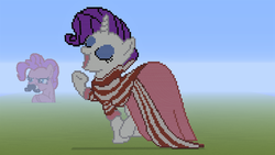 Size: 1915x1077 | Tagged: safe, pinkie pie, rarity, g4, clothes, dress, facial hair, game screencap, minecraft, minecraft pixel art, moustache, pixel art