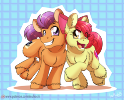 Size: 1024x828 | Tagged: safe, artist:inuhoshi-to-darkpen, apple bloom, tender taps, earth pony, pony, g4, on your marks, colt, dancing, female, filly, fluffy, male, patreon, patreon logo, smiling, unshorn fetlocks