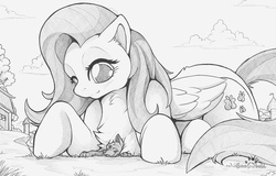 Size: 1400x894 | Tagged: safe, artist:s2-freak, fluttershy, oc, pony, g4, chest fluff, cute, furry, giant pony, grayscale, happy, macro, monochrome, non-mlp oc, smiling