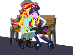 Size: 16000x12000 | Tagged: safe, artist:evil-sparkle, sci-twi, sunset shimmer, twilight sparkle, equestria girls, g4, my little pony equestria girls: friendship games, absurd resolution, bench, clothes, crystal prep academy, crystal prep academy uniform, crystal prep shadowbolts, eyes closed, female, glasses, high heel boots, high heels, hug, leather jacket, lesbian, necktie, school uniform, ship:sci-twishimmer, ship:sunsetsparkle, shipping, sitting