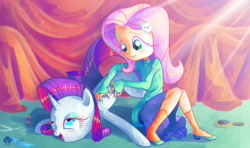 Size: 1920x1136 | Tagged: safe, artist:halem1991, fluttershy, rarity, equestria girls, g4, clothes, cute, duo, halem1991 is trying to murder us, open mouth, raribetes, scratching, shoes, shyabetes, signature, sitting, skirt, socks, sweater, sweatershy