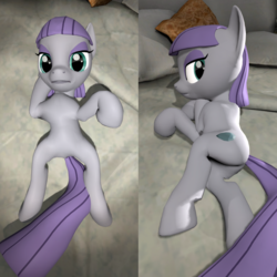 Size: 1920x1920 | Tagged: safe, artist:lukewop, maud pie, earth pony, pony, g4, 3d, bed, body pillow, body pillow design, butt, female, gmod, looking at you, on bed, plot, raised hoof, solo, spreading, sultry pose