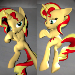 Size: 1920x1920 | Tagged: safe, artist:lukewop, sunset shimmer, pony, unicorn, g4, 3d, bedroom eyes, body pillow, body pillow design, butt, female, gmod, looking at you, on back, on bed, plot, solo, sultry pose, tail, tail aside