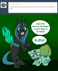 Size: 1000x1230 | Tagged: safe, artist:ryuredwings, queen chrysalis, bulbasaur, g4, comic, crossover, filly, filly queen chrysalis, pokémon