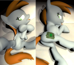 Size: 2160x1920 | Tagged: safe, artist:lukewop, oc, oc only, oc:littlepip, pony, unicorn, fallout equestria, 3d, body pillow, body pillow design, butt, fanfic, fanfic art, featureless crotch, female, gmod, hooves, horn, lying down, mare, on back, on bed, open mouth, plot, sexy, solo, spread legs, spreading, sultry pose, tongue out