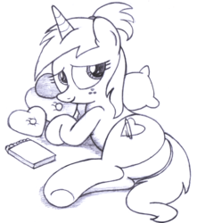 Size: 2300x2600 | Tagged: safe, artist:an-tonio, oc, oc only, oc:silver draw, pony, unicorn, butt, freckles, high res, monochrome, pillow, plot, solo, traditional art