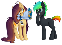 Size: 1024x736 | Tagged: safe, artist:goshhhh, oc, oc only, oc:glitch, oc:lessi, pony, blushing, bouquet of flowers, disney, duo, flower, glessi, mouth hold, shipping, simple background, transparent background