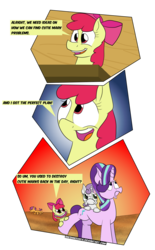 Size: 1051x1690 | Tagged: safe, artist:sneshpone, apple bloom, scootaloo, starlight glimmer, sweetie belle, g4, on your marks, comic, cutie mark crusaders, dialogue, faic, unamused