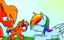 Size: 900x573 | Tagged: safe, artist:tomcolt15, big macintosh, rainbow dash, oc, oc:cortland apple, earth pony, pony, g4, male, next generation, offspring, parent:big macintosh, parent:rainbow dash, parents:rainbowmac, ship:rainbowmac, shipping, stallion, straight