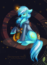 Size: 728x1000 | Tagged: safe, artist:limreiart, lyra heartstrings, pony, unicorn, fanfic:background pony, g4, chest fluff, clothes, dig the swell hoodie, female, fluffy, glowing horn, hoodie, horn, lyre, musical instrument, sad, solo