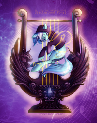 Size: 791x1000 | Tagged: safe, artist:limreiart, lyra heartstrings, pony, unicorn, fanfic:background pony, g4, clothes, dig the swell hoodie, female, hoodie, lyre, mare, musical instrument, sad, solo, squint, tangled up, the nightbringer